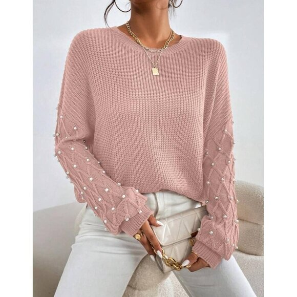 Casual Pink Pearl Round Neck Drop Shoulder - Picture 1 of 6